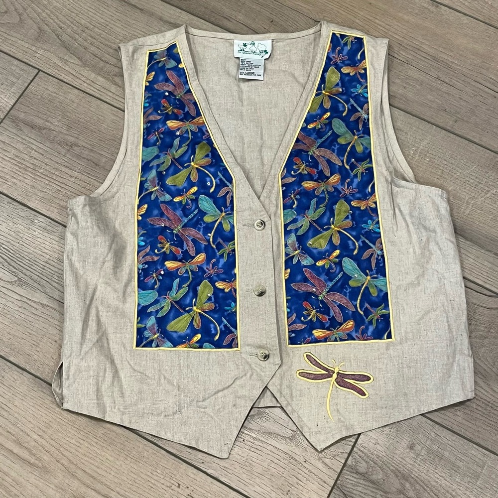 Sz Large Vintage The Quacker Factory Linen Cotton Blend Dragonfly Vest Women’s
